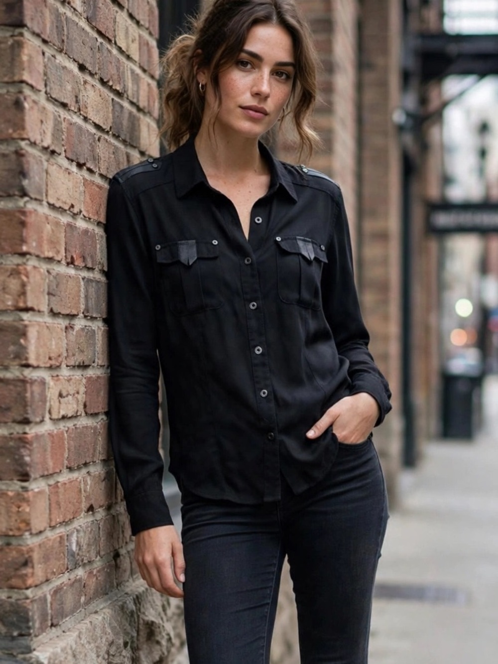 Harley Davidson Shirt Womens M Black Button Down Chest Pockets Epaulet Biker